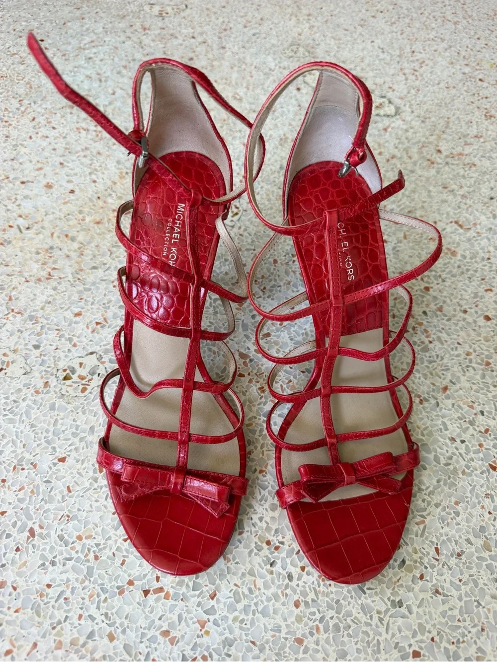 Michael Kors Red Croc-Embossed Strappy Bow Heels